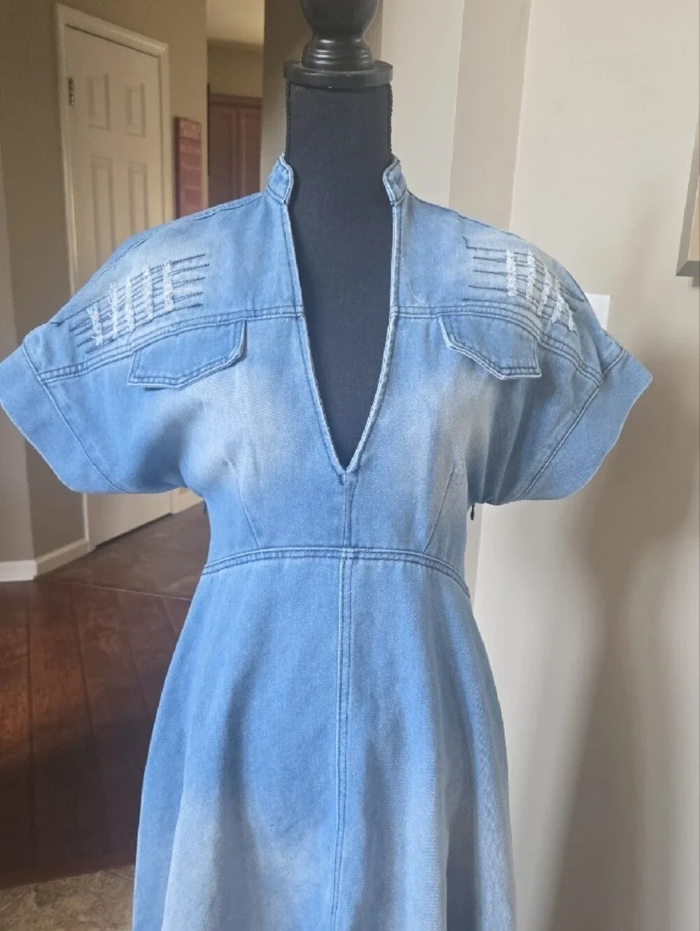 Blue Denim V-Neck Midi Dress with Frayed Hem